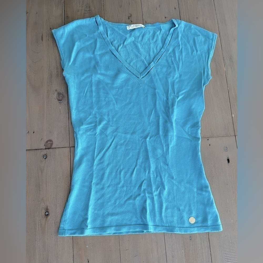 Versace Collection cyan sky blue knit top